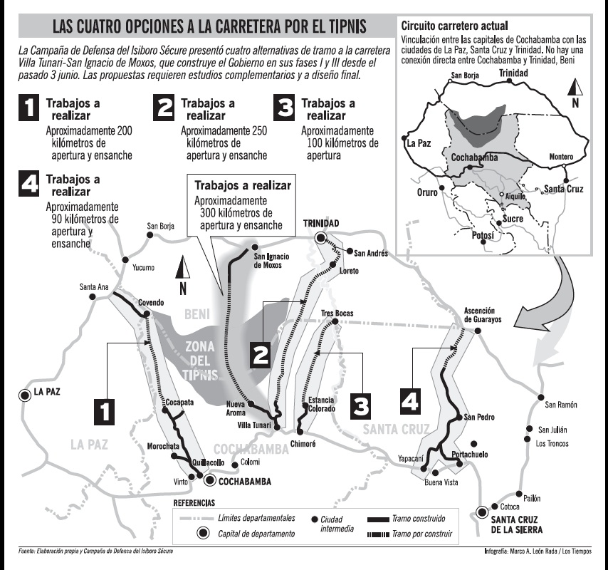 Map of four options to the Cochabamba-Beni highway through TIPNIS