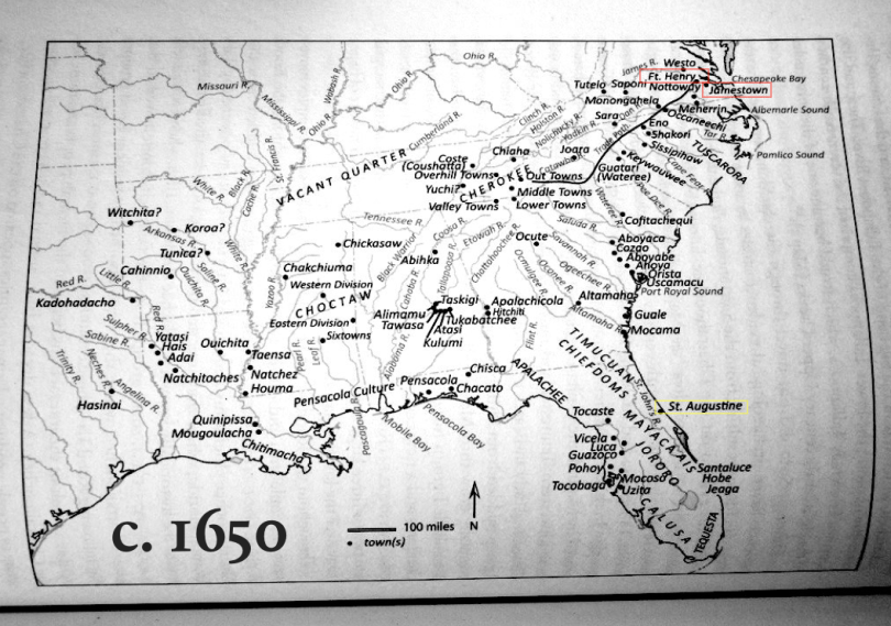 map of the future southeastern United States showing known towns in 1650
