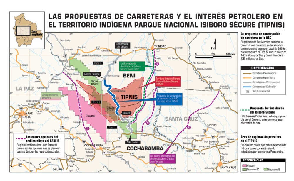 Four alternative routes appear in purple in this map of possible Cochabamba–Beni highway trajectories.
