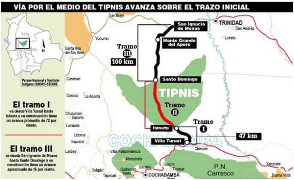 Map of the three segments (or Tramos) of Villa Tunari–San Ignacio de Moxos Highway