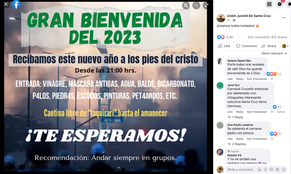 A Facebook invite from Unión Juvenil Santa Cruz (not the official account of the UJC), reads, "Gran Bienvenida del 2023 / Recibamos este nuevo año a los pies del cristo / Desde los 22 horas / Entrada: Vinagre, mascara antigas, agua, balde, bicarbonato, palos, piedras, escudos, pinturas, petardos, etc. / Te esperamos!"

"Great Welcome to 2023 / Let's receive this new year at the feet of the Christ [the Redemeer statue] / From 10pm onwards / Entry fee: Vinegar, gas mask, water, bicarbonate, sticks, stones, shields, paint, rockets, etc! We're waiting for you!"
