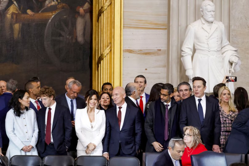 (L-R) Priscilla Chan, Meta CEO Mark Zuckerberg, Lauren Sanchez, businessman Jeff Bezos, Sundar Pichai, and businessman Elon Musk, among other dignitaries, attend Donald Trump's inauguration as the next President of the United States in the rotunda of the United States Capitol in Washington, DC, USA, 20 January 2025.