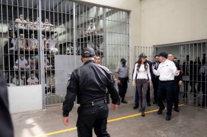 Department of Homeland Security (DHS) Secretary Kristi Noem receives a tour of the Terrorist Confinement Center CECOT with the Minister of Justice and Public Security Gustavo Villatoro in Tecoluca, El Salvador, March 26, 2025. (DHS photo by Tia Dufour)