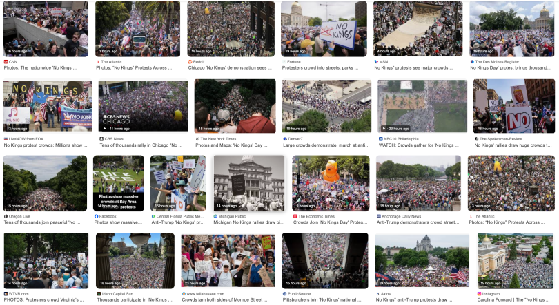 Grid of images of No Kings protests on June 14, 2025