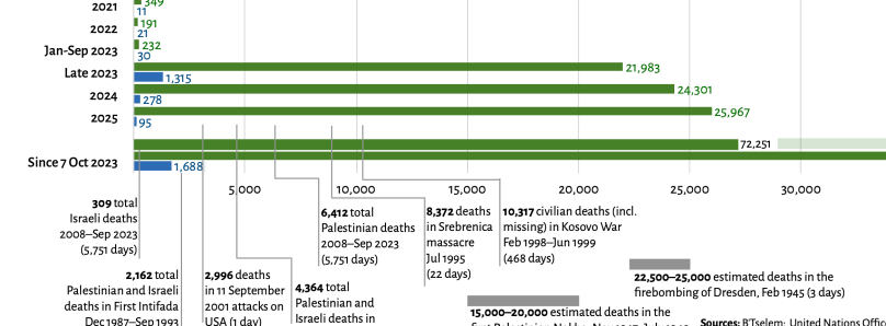 Close up view of 2021-2025 deaths showing remarkable disparities.