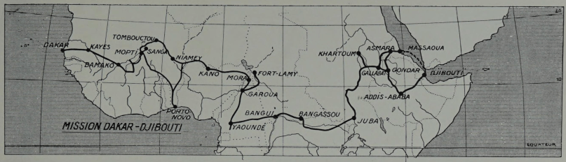 Map of central Africa from Senegal to the Horn of Africa showing the route of the Dakar-Djibouti Mission of 1931-33