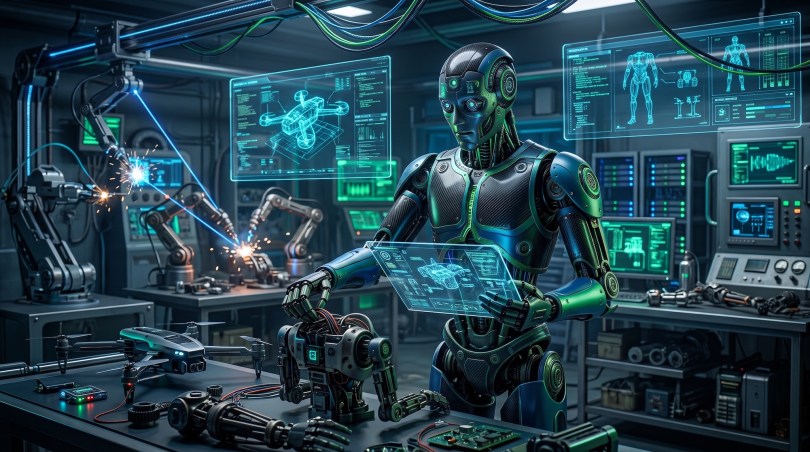 Robot in a studio designing other robots